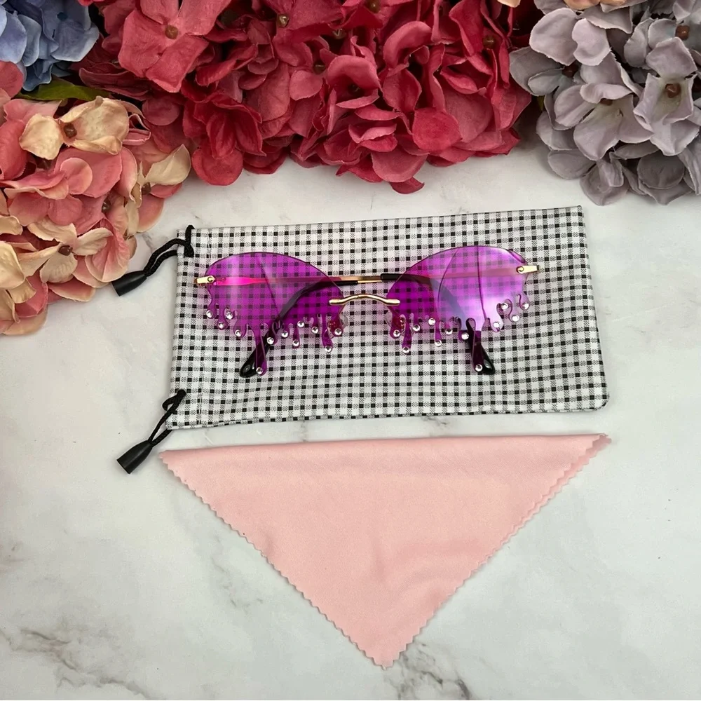 Steampunk Dripping Magenta Rimless Sunglasses with Crystals - Picture 5 of 16